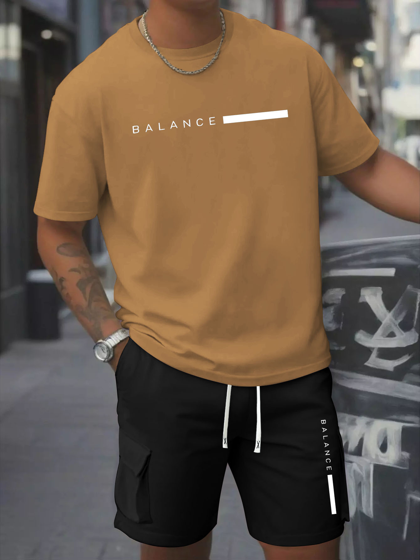 Printed Men's 2pcs Set: Round Neck Cotton Short Sleeve T-Shirt and Work Shorts, Suitable for Spring/Summer