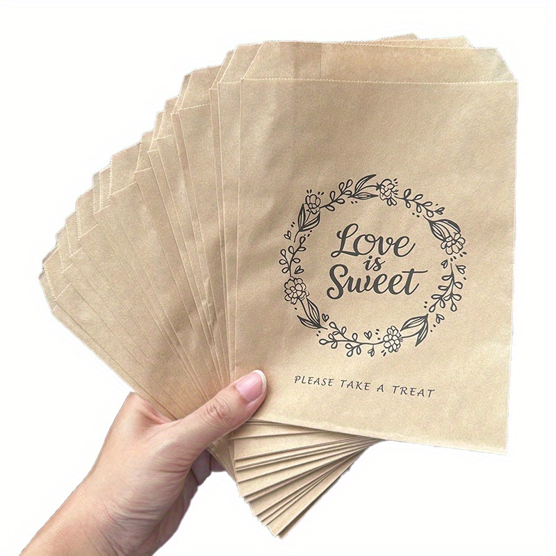 E-shop Set mit 25 Geschenkpapierbeuteln in der Größe 5X7 Zoll – Mit einem floralen Blätterdesign und dem Spruch 'Love Is Sweet Please Take a Treat' –