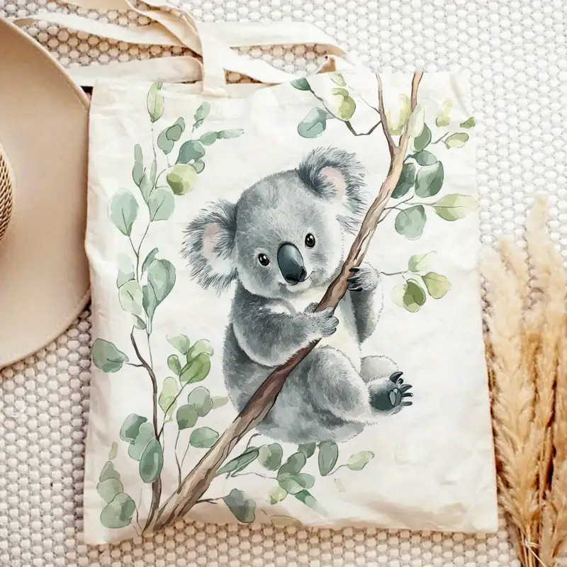 TEMU 1pc Double-sided Printing Cute Pattern Tote Bag - Retro Style Shopping Bag With Shoulder Strap, Lightweight Large Capacity Koala Printed Bag,