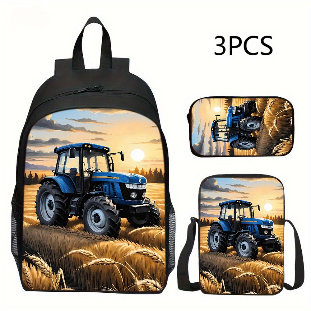 TEMU 3pcs Tractor-themed Backpack, Crossbody Bag & Pencil Case Suitable For School Or Travel - Lightweight Backpack With Tractor Print, Adjustable
