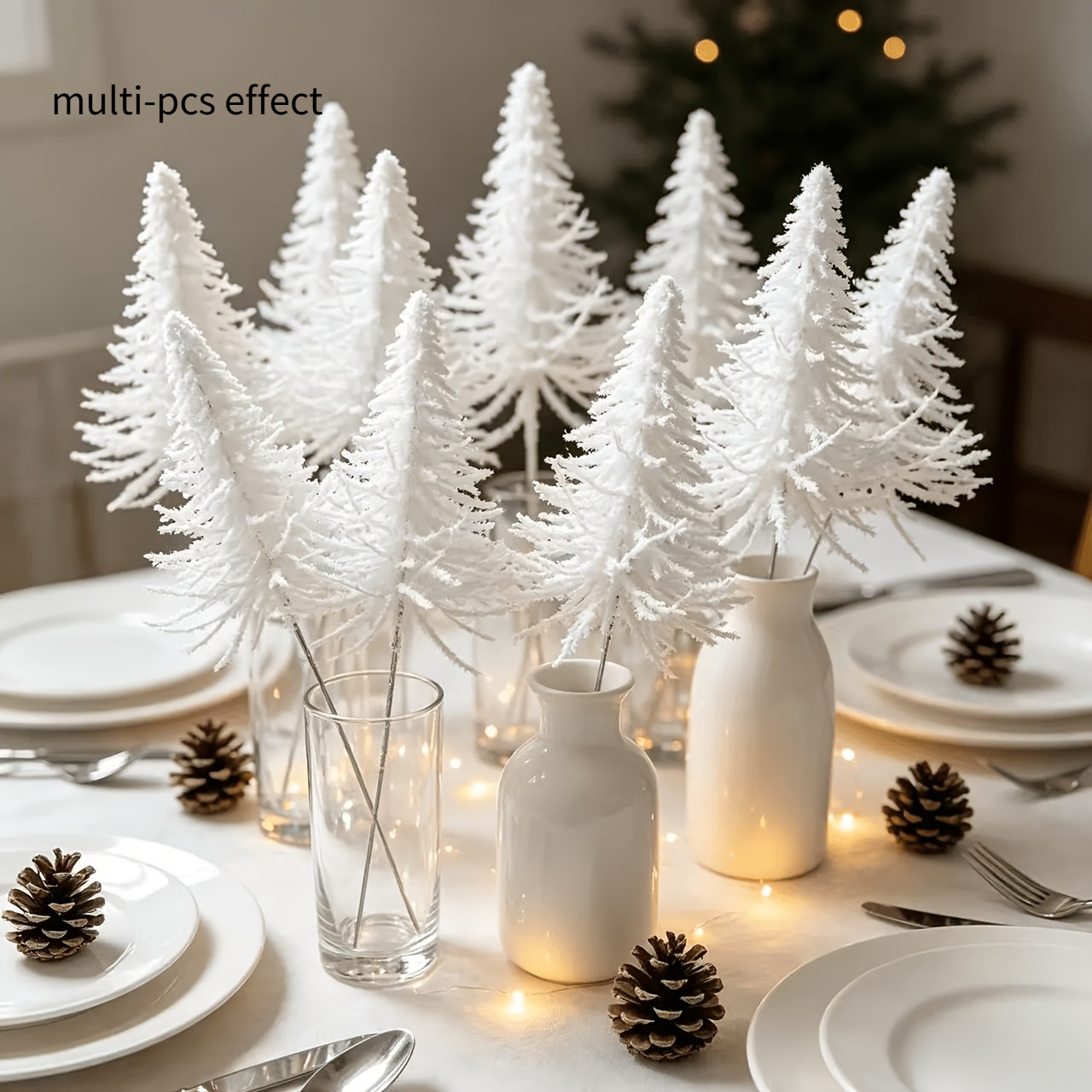 TEMU 12pcs Artificial White Flowering Mini Christmas Tree Picks, Snow-covered Pine Branches, Flexible Stems, For , Vase Fillers, , Ornaments,