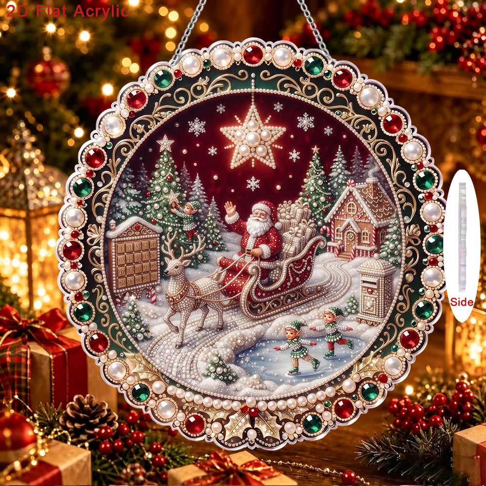 TEMU Kit de guirlande 2D plat à faire soi-même avec chaîne, traîneau du Père Noël de Noël avec strass et perles - Pendentif artisanal acrylique rond