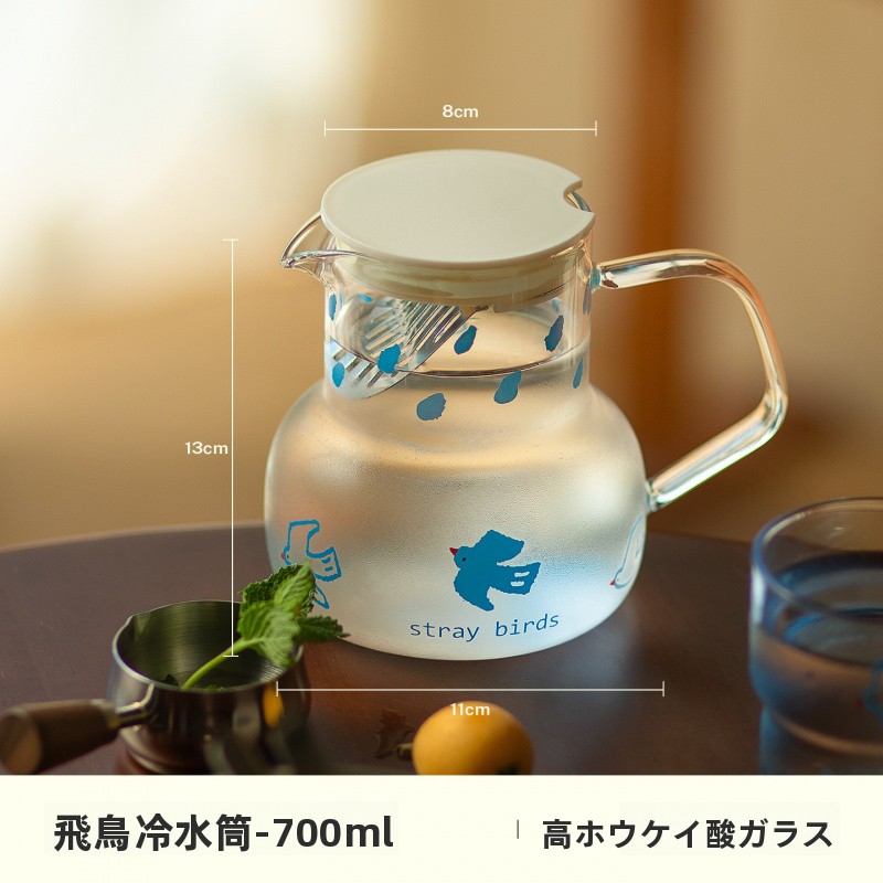 TEMU 【商品名】ガラス製コールドウォーターピッチャー、鳥柄大容量ティーセパレーター（ハンドル付き）、耐熱性、日常家庭用、コールドティー/ジュース/沸騰水、密閉蓋付き透明でお手入れ簡単ウォータージャグ