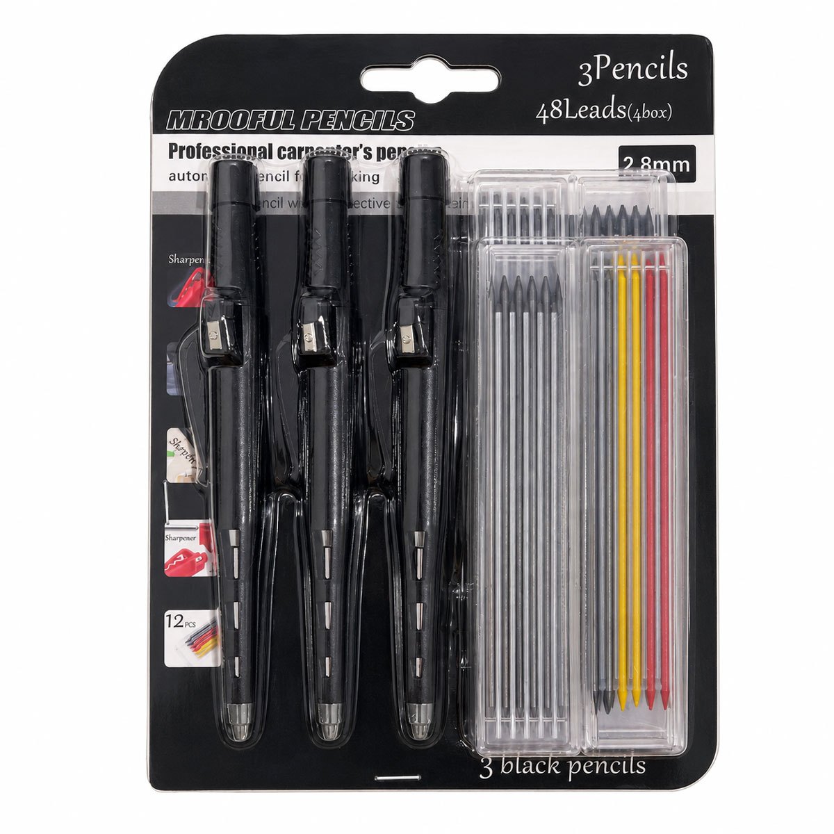 TEMU Ensemble de porte-crayons automatique pour de 2,8 mm ( 3 crayons et 4 recharges de 12 pièces), intégré, stylo de mécanique à trou , marqueur de