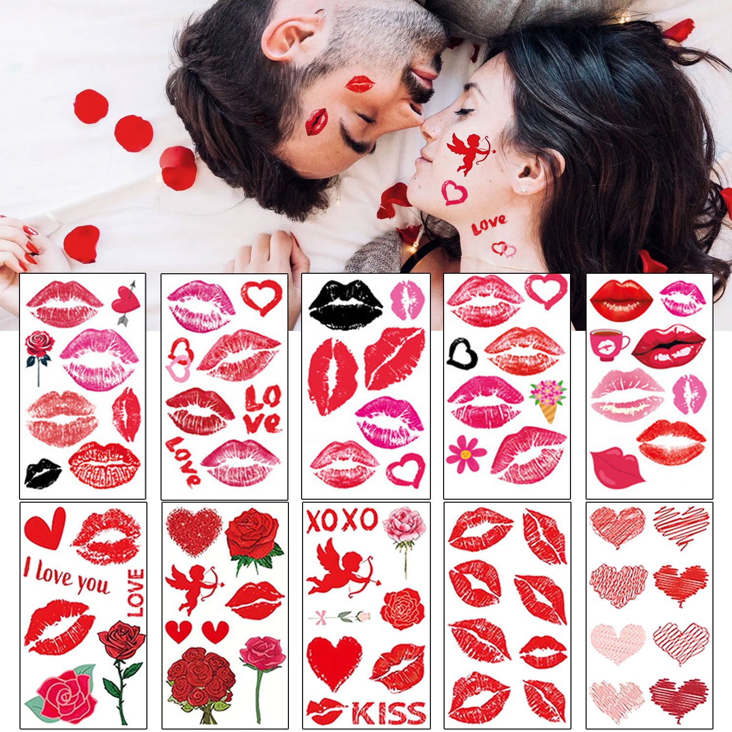 Image of 10 Sheets Valentine's Day Temporary Tattoos For Women Red Love Cupid Rose Fake Tattoos Stickers Face Tattoo Hand Tattoo Party Favors