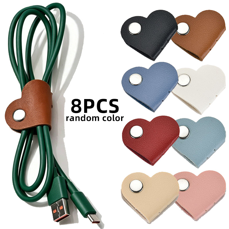 TEMU 8pcs, Random Color, Heart-shaped Faux Leather Cable Strap, Headphones And Headphone Cable Storage Box, No Battery Cable Management Clip, Unisex