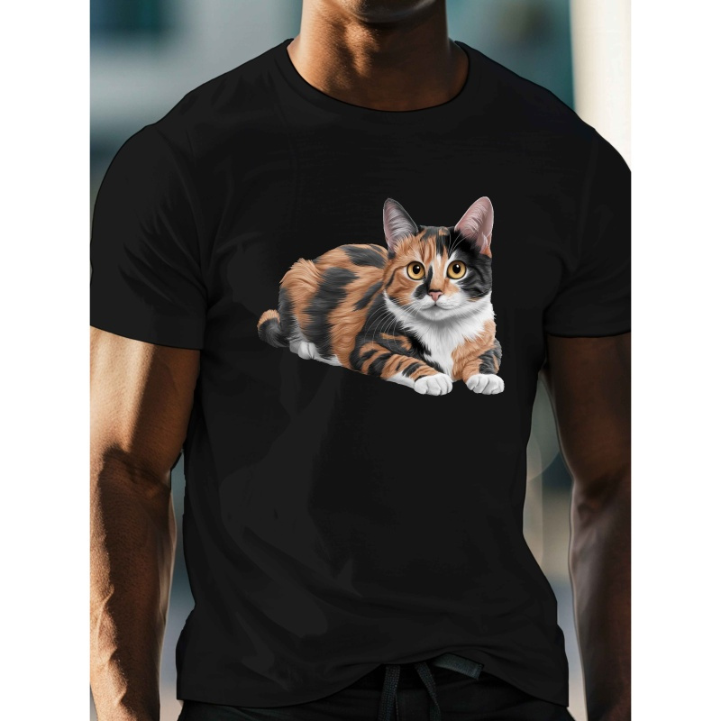 

T-shirt décontracté à col rond pour homme avec imprimé chat calico, tissu tricoté 100% polyester, légèrement extensible, coupe régulière, haut d'été léger - 150gsm