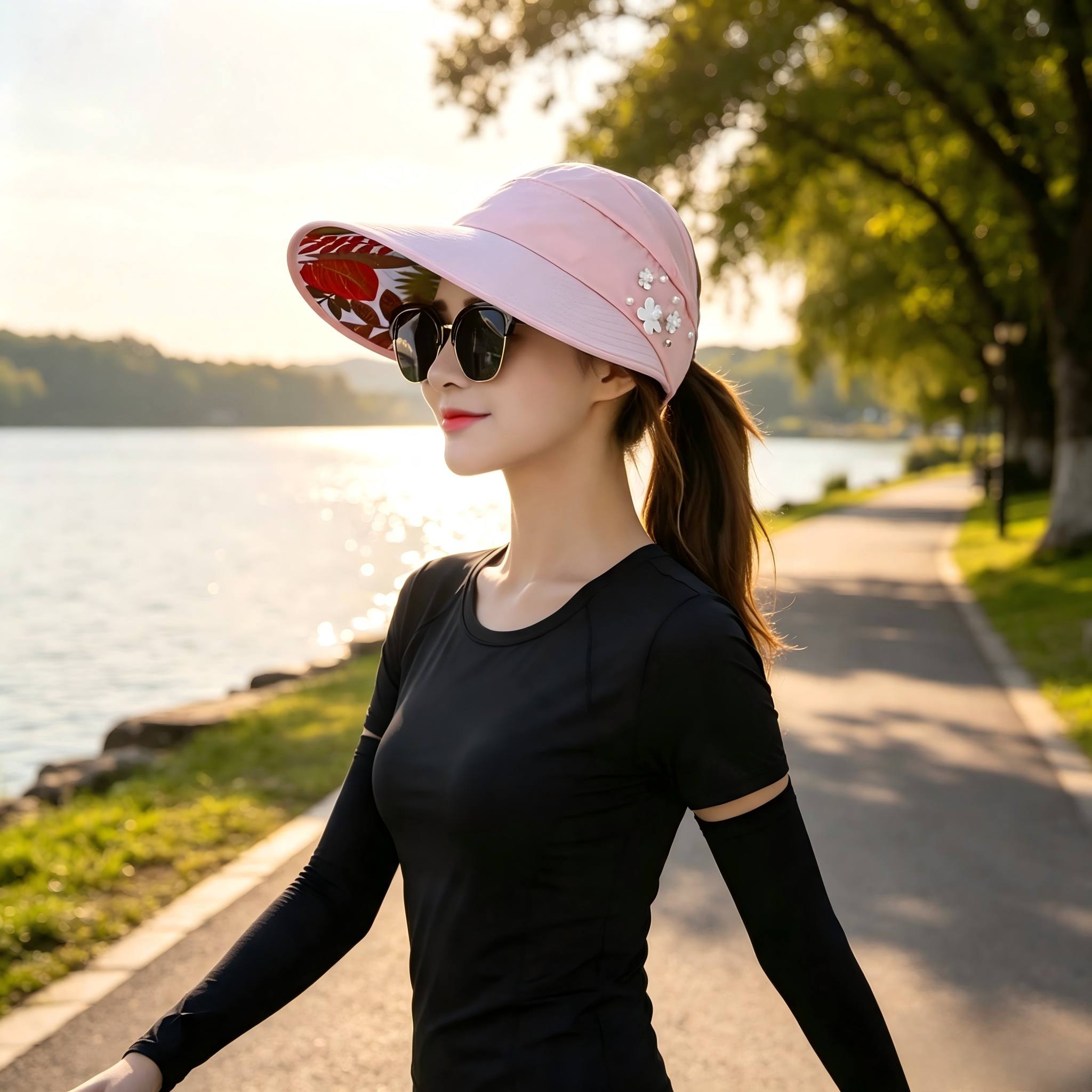 TEMU 2pcs Set (women's Empty Hat And Black Sleeve), Ponytail Wide Brim Sun Hat With Faux Pearls And Floral Decor - Foldable, Lightweight And