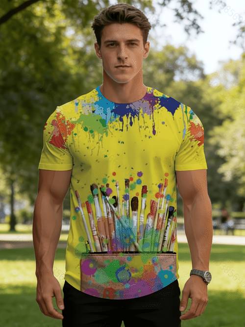 mens paint splatter art t shirt short sleeve round neck casual shirt with machine washable suitable for summer wear artistic paint tee for everyday outfits layering durable comfortable design