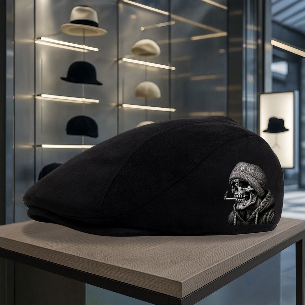 TEMU Men's & Women's Adjustable Duckbill Beret Cap With Skull Smoking Print - Lightweight Suitable For All Weather, Cool Gothic Style For Mardi Gras,