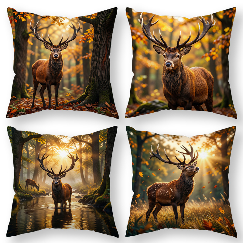 TEMU 4pcs Modern Deer & Forest Throw Pillow Covers - Warm Tone Cases Suitable For Sofa, Bed, Chair, Zipper Closure, Machine Washable Deer Pattern