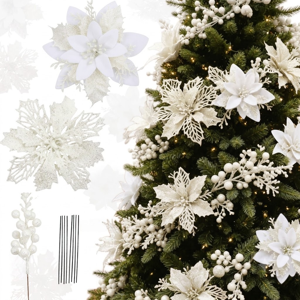 TEMU 30pcs, (12 Flowers And 6 Fruits And 12 Sticks) Premium Champagne Golden Christmas First-class Red Artificial Flowers And Sequined Decorations