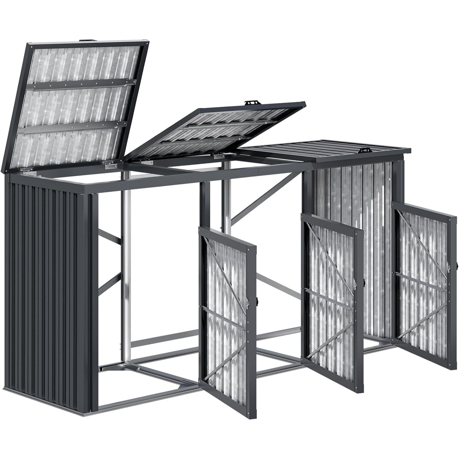 Image of Wheeled Trash Can Storage Set With Lid, Accommodates 3 X 240l Trash Cans, Lockable Design, Garden Storage Cabinet, Weatherproof Outdoor Tool Shed, Dimensions 236×79×124 Cm, Charcoal Gray