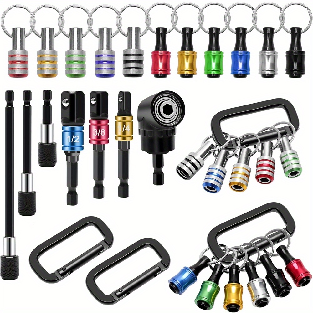 TEMU 18pcs Bit Holder Cool Gadgets, 11pcs Drill Bit Holder Keychain, 3pcs Impact Drill Sockets Adapter, 3pcs 1/4" Quick Hex Shank, 105 Degree Right