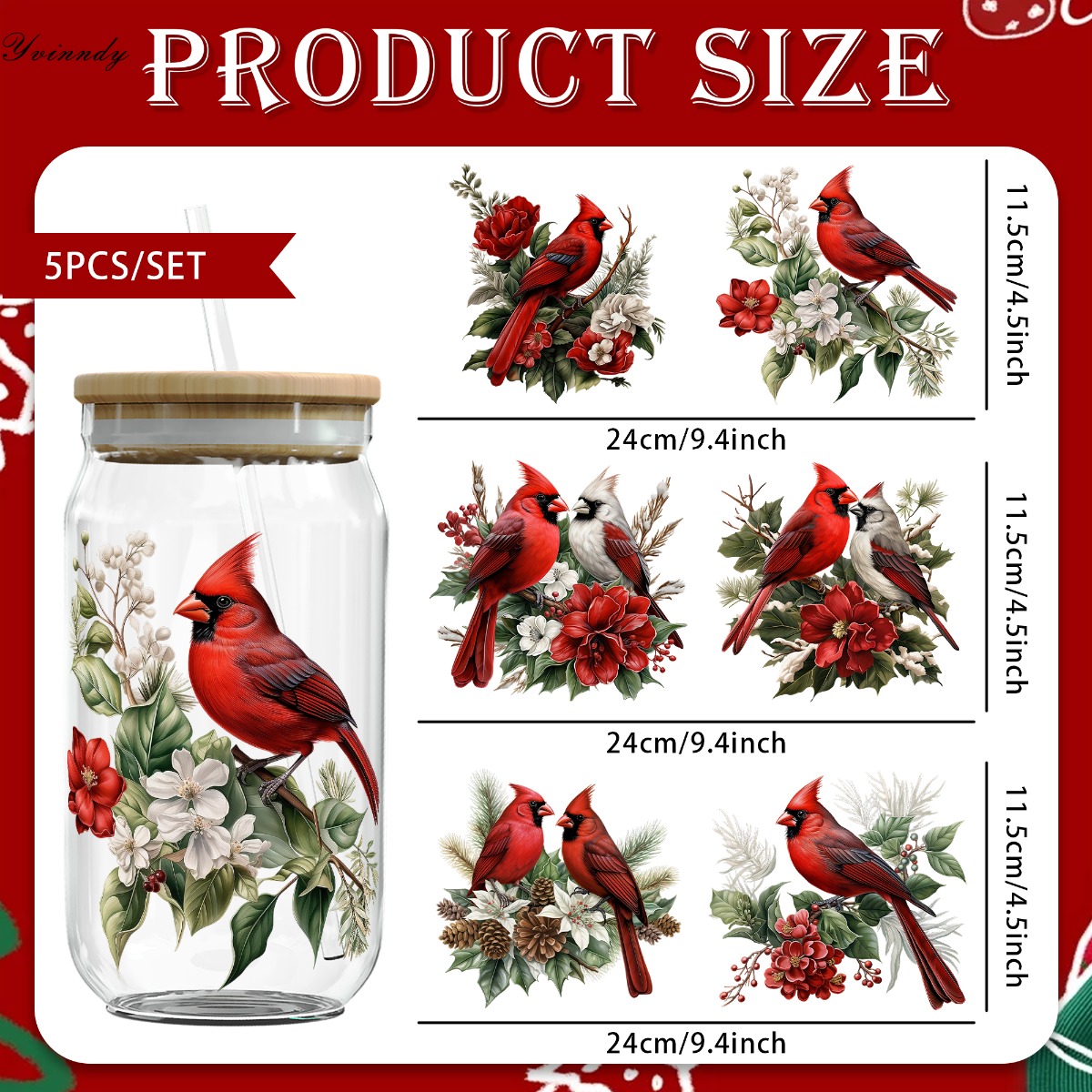 TEMU 5pcs Bird Dtf Transfer Paper With Realistic Red & Foliage - Uv-activated Iron- Vinyl Sheets For 16oz Glass Jars, Diy Crafts, Holiday Decoration,