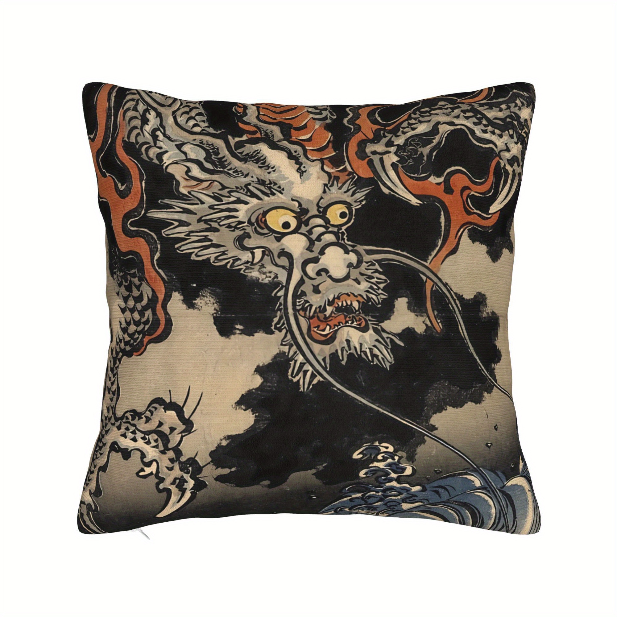 TEMU 2d Flat - 2d Print Design Utagawa Dragon And Waves Throw Pillowcase For Sofa Covers Decorative