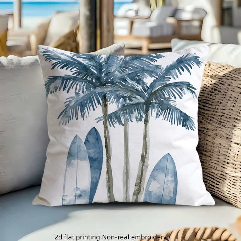 TEMU 2d Flat - 1pc Watercolor Palm Tree And Surfboard Themed Pillow Cover | Polyester, Zipper Closure, Single-sided Print, Ideal For Valentine's Day