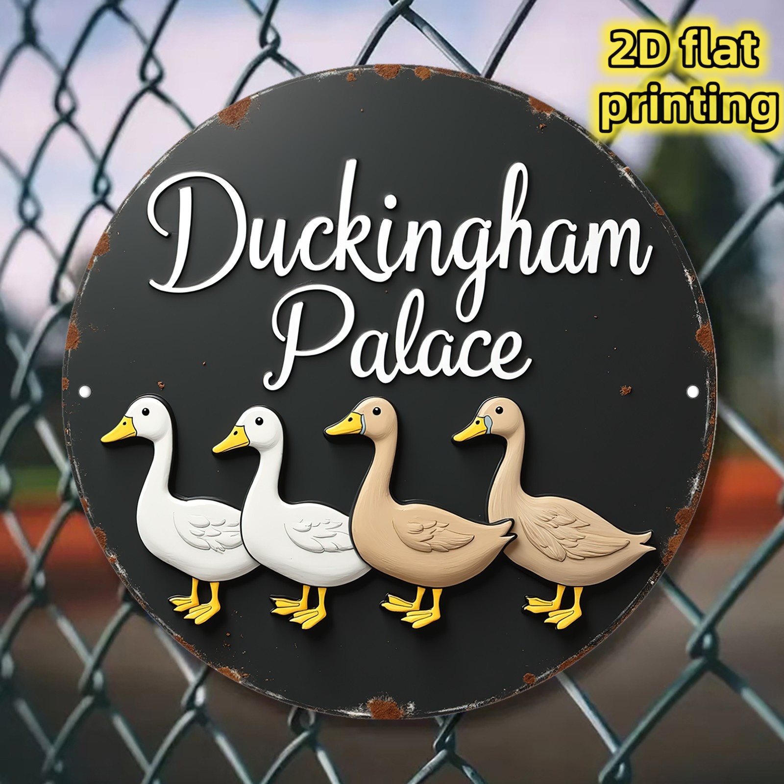 TEMU 2d Flat, A 2d Flat-printed Round Wooden Sign Plaque With A Duckingham And Ducks Design, Ideal For Bedroom, Living Room, Dining Room, Bar, And