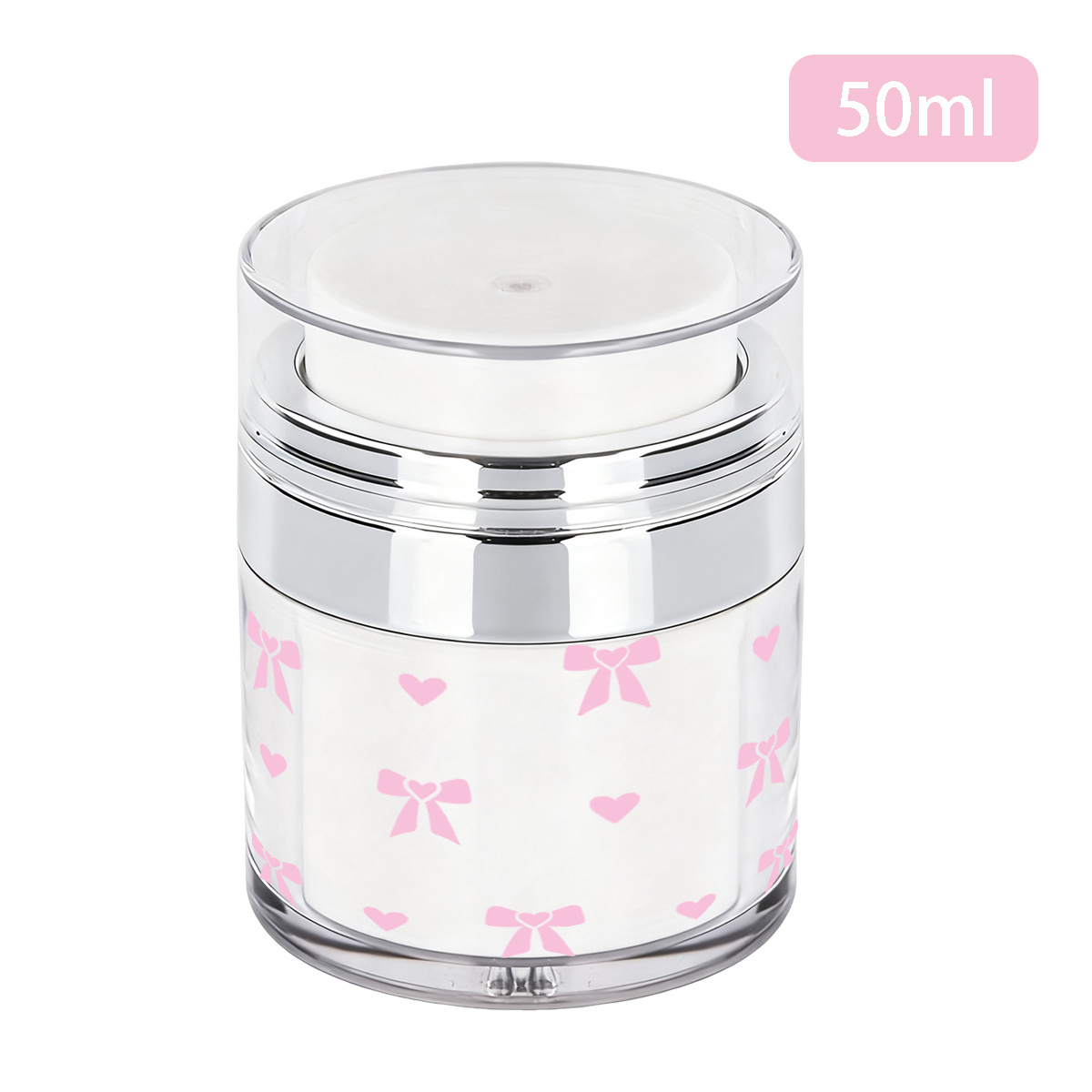 Image of 1pc, Transparent Vacuum Press Bottle Pink Bow Love Pattern Silvery Portable Refillable Cream Lotion Serum Dispenser Leak-proof Press Head Beauty Skincare Travel Essential