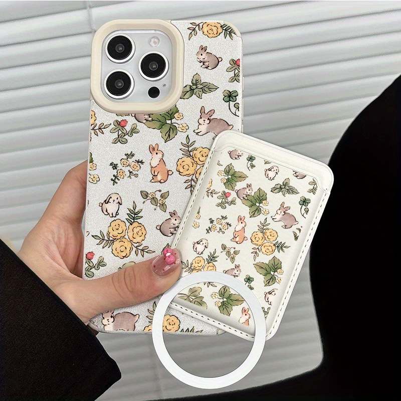 TEMU Phone Case - 1 Set Of 2pcs 2025 Personalized Multi-functional Shockproof Yellow Flowers And Rabbits Pattern Magnetic Phone Case And 1pc White
