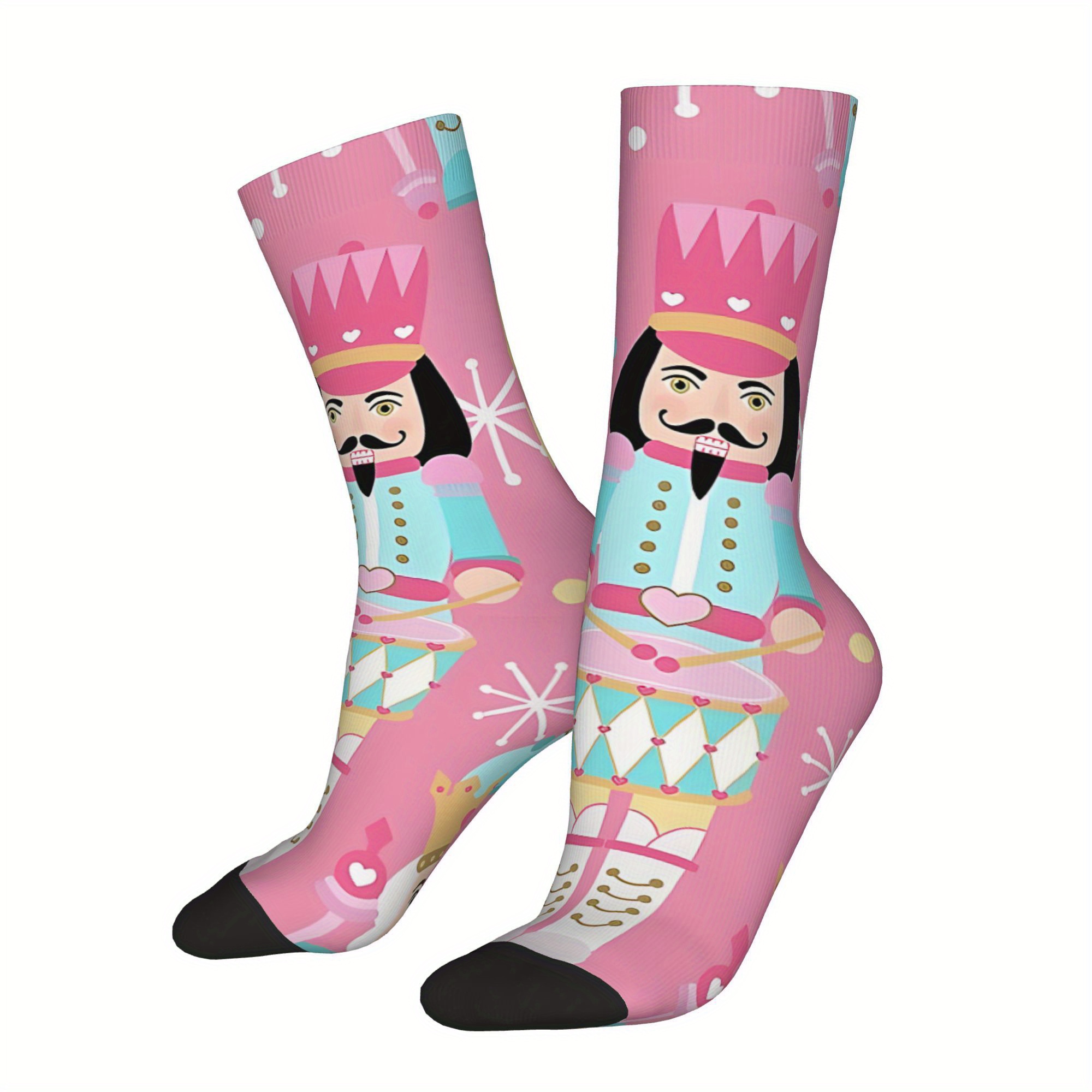 

1 Pair Men's Compression Socks, Nutcracker Pink Christmas Vintage Harajuku Hip Hop Novelty, Seamless Crew Crazy Sock, Polyester & Spandex, Hand Wash Or Machine Wash, Geometric Print, Knit Fabric