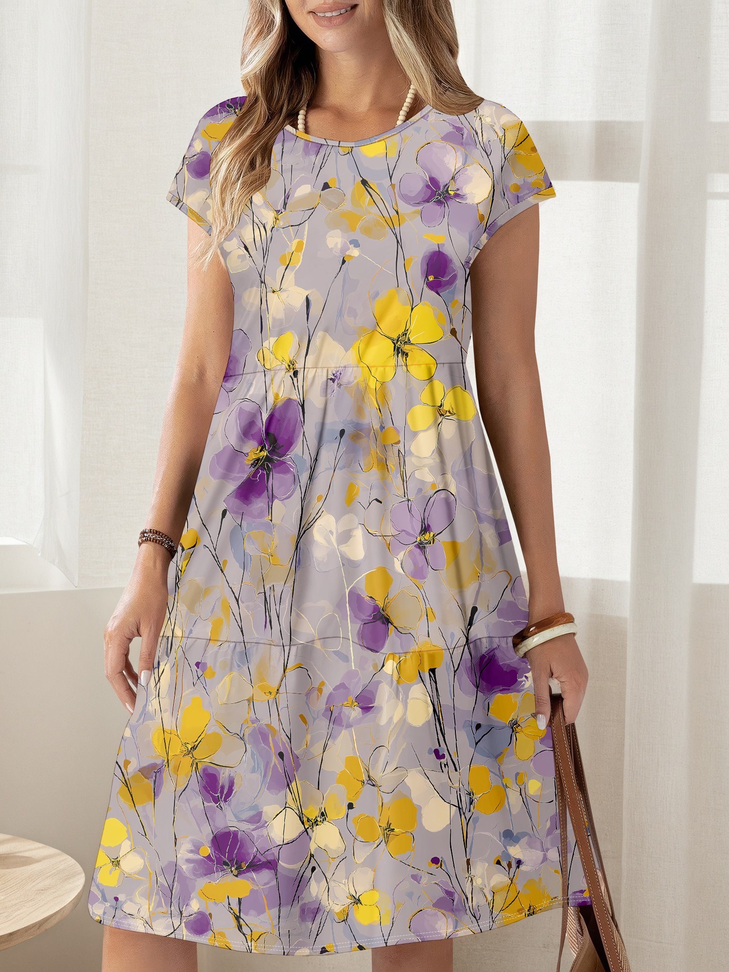 yellow dress with purple flowers Woman Lavender Field Yellow Dress Holding Bouquet Sunset Stock Photo