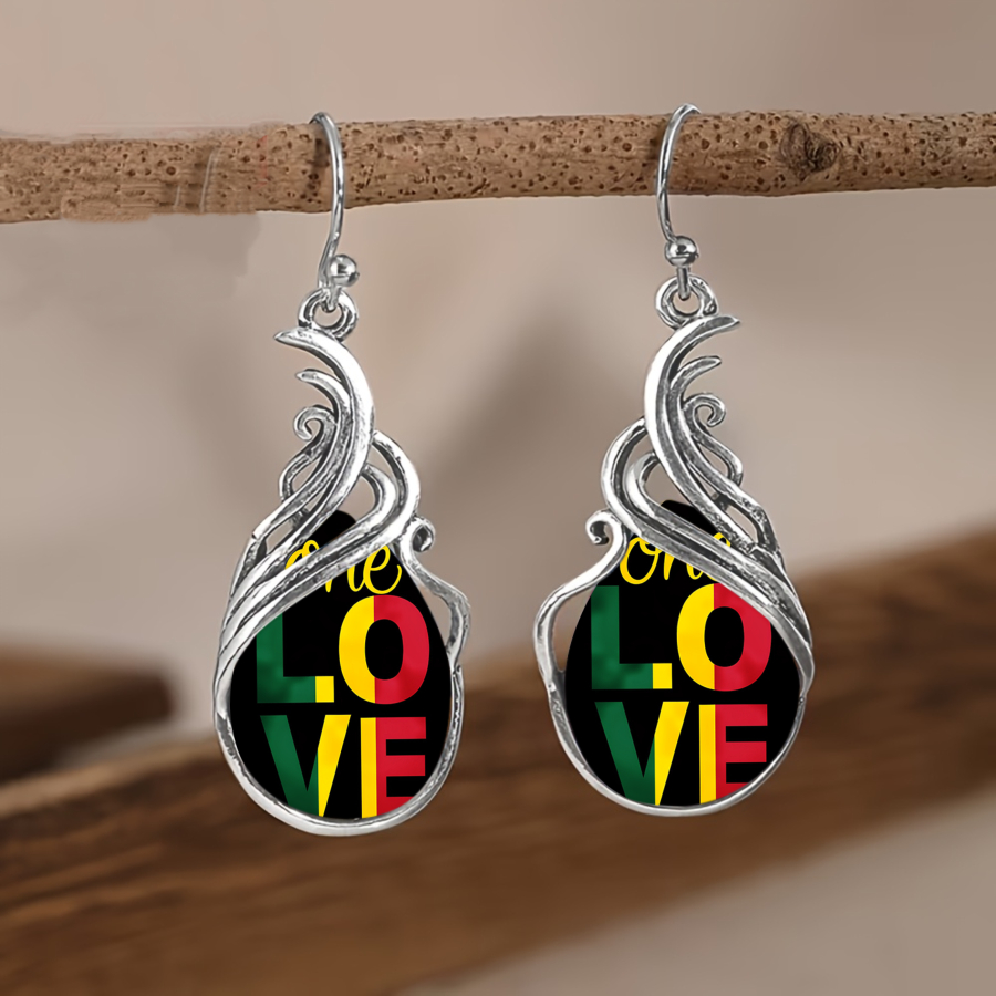 TEMU 2pcs Love Earrings | Colorful Letter Earrings, Reggae Style, Inspired, Teardrop Pendant, Plant Design, Elegant And Luxurious Alloy Jewelry