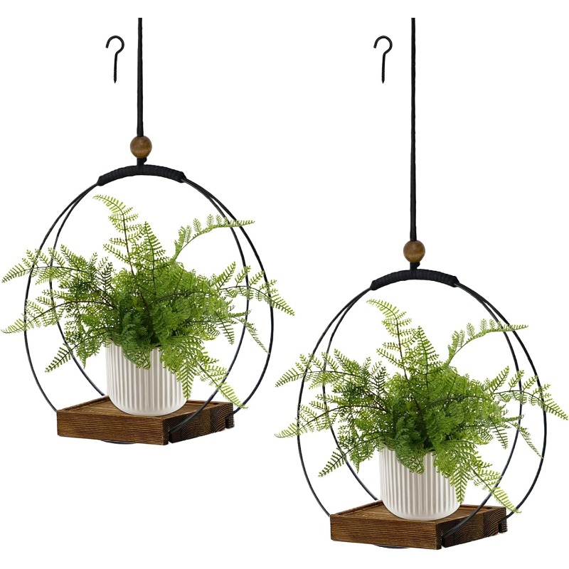2 Pack Hanging Planter For Indoor Plants, Black Plant Hanger With Sturdy Wood Base, Modern Boho Macrame Hanger, Wall Ceiling Window Planter