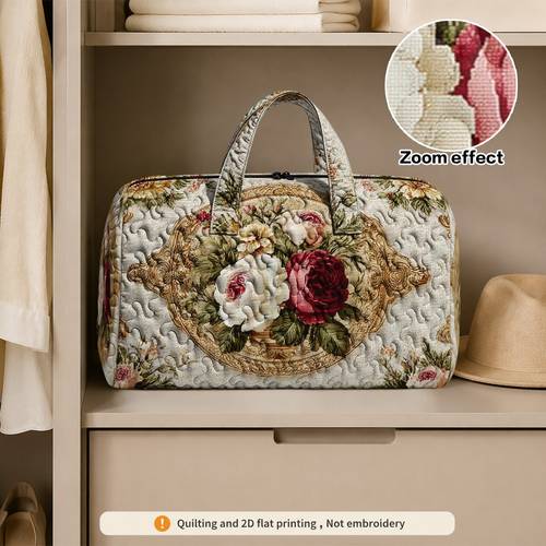 bolso tote acolchado con de rosas vintage 2d , 1 pieza, con cierre de cremallera, asa , , para viajes cortos, desplazamientos y organización de viajes , bolso de (sin bordado)