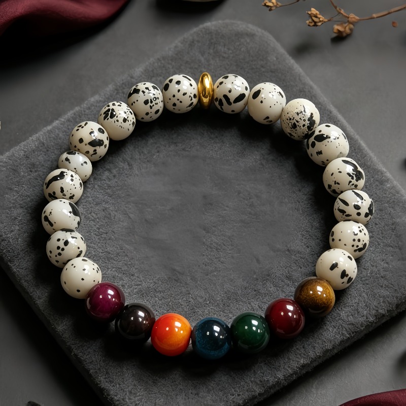 Unisex White Bead Bracelet with Black Speckles & Tiger's Eye