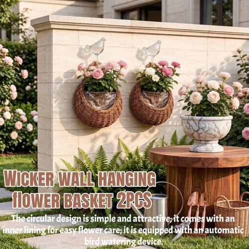 2pcs 1pc wall mounted handcraft flower basket and 1 shaped drip irrigation round design easy and good looking woven natural texture with liner for convenient planting hook design for easy hanging compact size