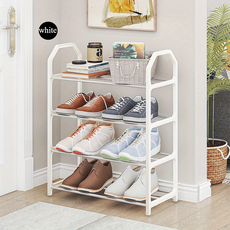 4-tier simple shoe rack, multi-functional and compact, easy assembly, dust-proof storage for home entrance, bedroom, living room - black metal frame with white sneakers display, shoe storage organizer details 4