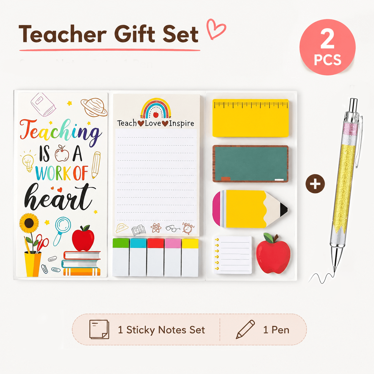 TEMU 2pcs Teacher Gift Set, Glitter Pencil Pen Sticky Note Set, Teacher Appreciation Stationery Gift, Cute Memo Pad, Suitable For Classroom, Office,