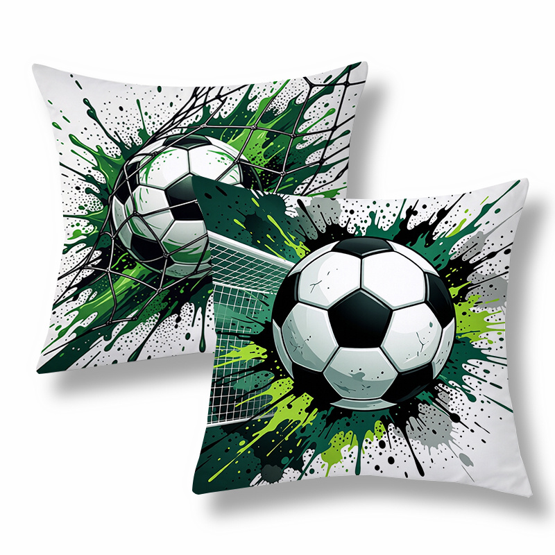 TEMU Lot de 2 housses de coussin décoratives sportives, motif éclaboussure de ballon de foot et filet vert-. Taies d'oreiller pour canapé, chambre et
