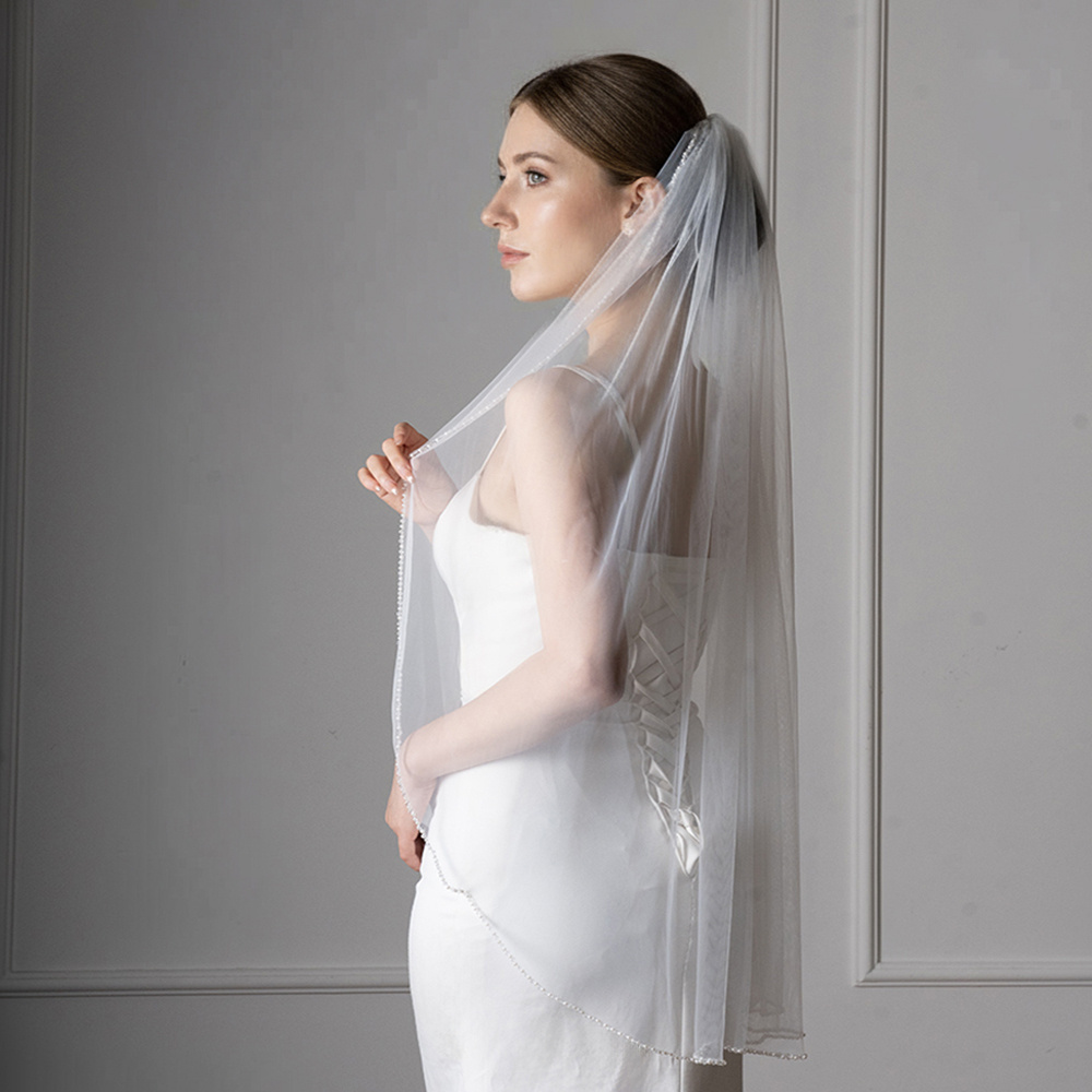 a bridal veil hand beaded trim fingertip wedding veil - Temu 