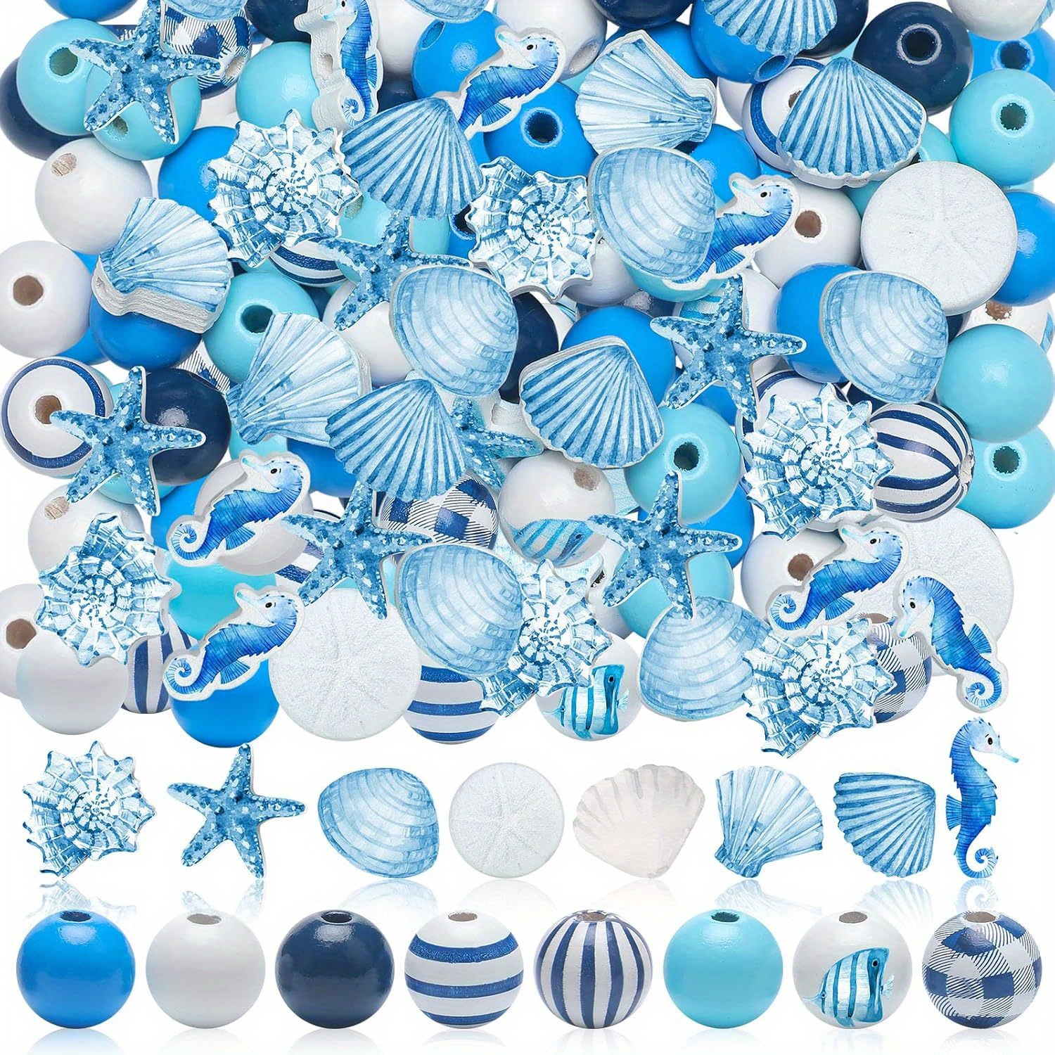 TEMU 160pcs Ocean Themed Wooden Bead Crafts, Colorful Wooden Beads With Holes, Stars, Conch Shells, Circular Pads, Polished Diy Art, Summer Beach
