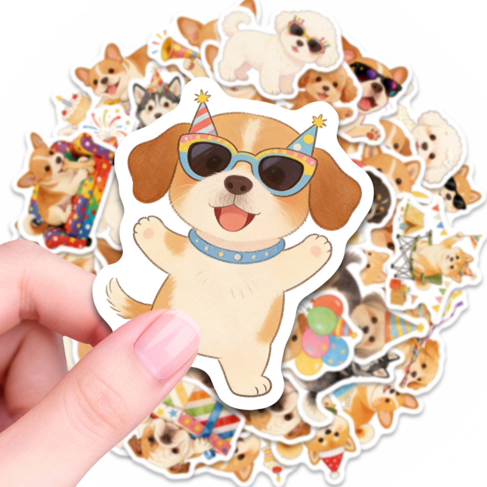Image of 50pcs Puppy Birthday Party Stickers Scratch Resistant Cartoon Decals Cute Puppy Celebration Scene Design For Laptop Water Bottle Journal Luggage Decoration Pack