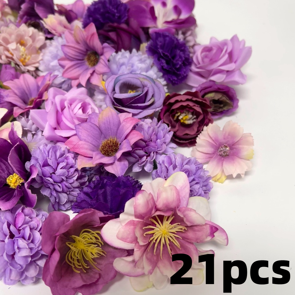 TEMU Ensemble de 21 têtes de fleurs artificielles, motif floral violet aléatoire. des têtes de roses, des têtes d'hortensias, des têtes de