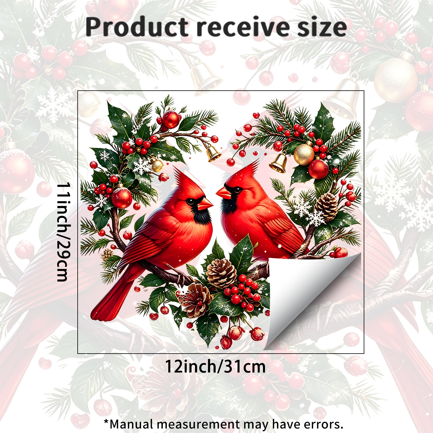 TEMU 1pc Guirlande de Noël Rouge Oiseau, Autocollant pour Fenêtre, Deux Cardinal sur les Branches de , de Houx Rouges, Pommes de Pin, Ornements de