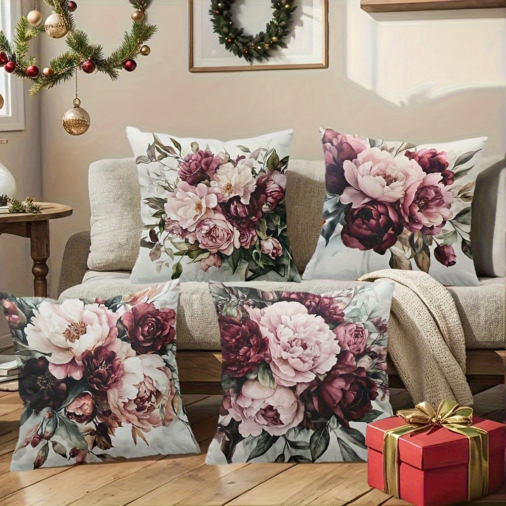 E-shop 4 Stück Französisch-Stil Blumenmuster Kissenbezüge, Weiche Bequeme Kissenhüllen mit Reißverschluss, Ideal für Wohnzimmer, Sofa, Bett,
