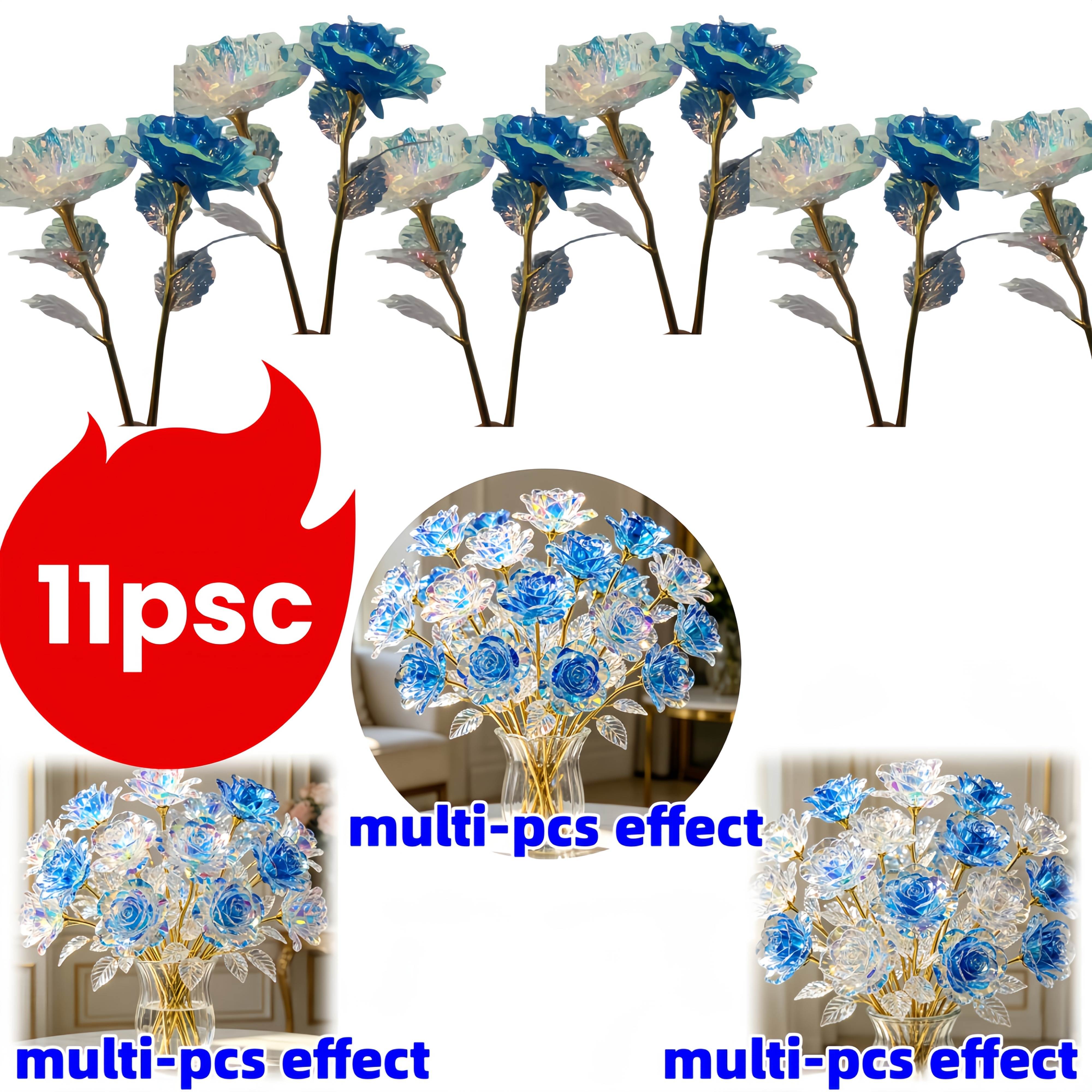 TEMU 11pcs Color-changing Artificial Rose Bouquet Suitable For Home Wedding Party Decor, 5 Blue & 6 White Realistic Faux Roses With Color-changing,