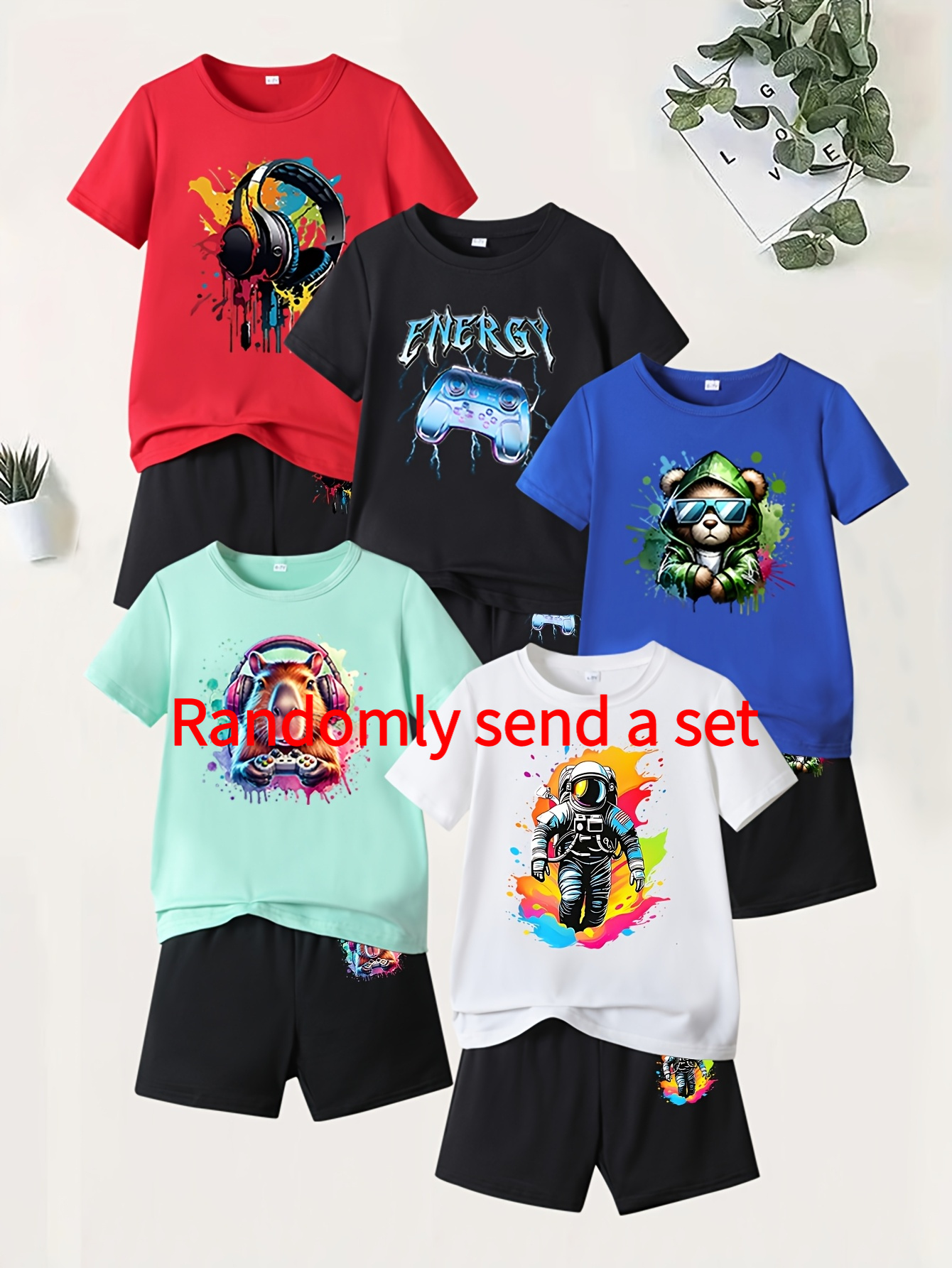 10 sets of boys summer short sleeved earphones bear capybara current game console astronaut printed t shirt and shorts sets   issued in   for outdoor