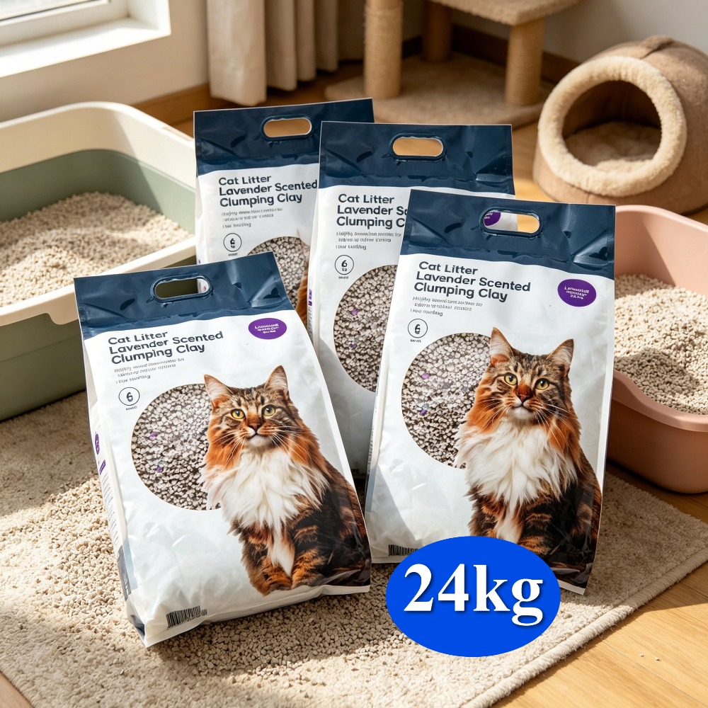 A Set of Four Packs of Lavender-Scented Clay Cat Litter That Clumps Well, Effectively Controls Odors, And Minimizes Tracking. The Total Weight Delivered Is 24 Kilograms