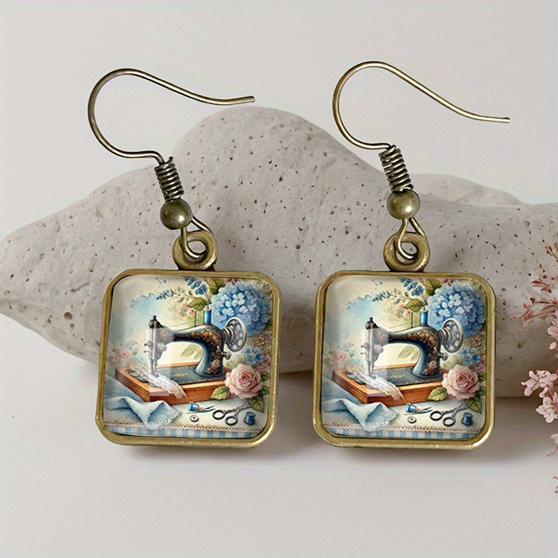 TEMU 1 Pair Old Style Sewing Machine Square Earring Glass Dangle Earrings Handmade Jewelry Gift
