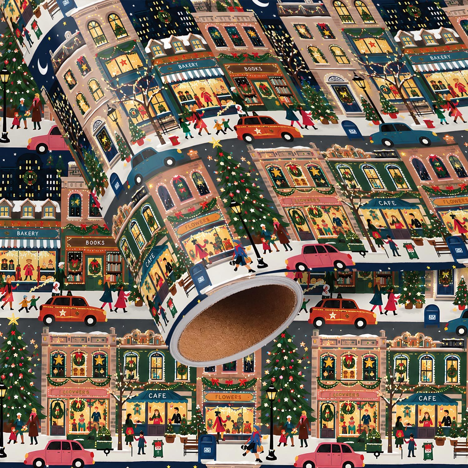 TEMU Roll Christmas City Street Wrapping Paper - Buildings, Snowy Streets & Festive Night Scene Suitable For Xmas Gifts, Decorations, Birthday