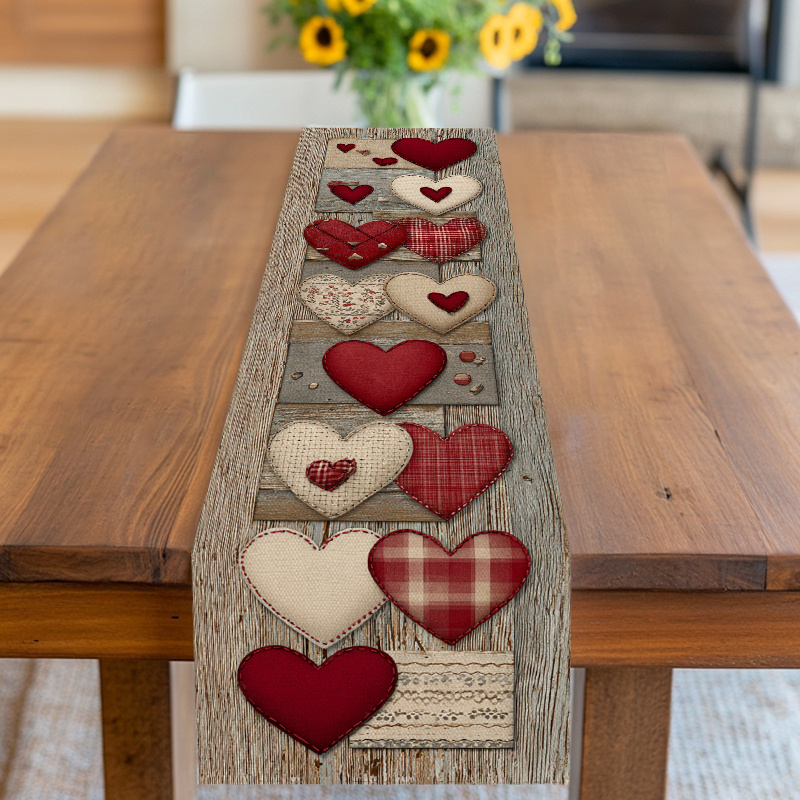 E-shop Tischläufer, Tischdecke, Herzmuster-Design mit Karo- Blumenelementen, Rot- Beigetöne, für Valentinstag, Geburtstag, Hochzeit, Jahrestag, Party