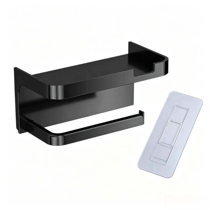TEMU Porte-rouleau de papier toilette avec étagère, support mural adhésif perçage, en métal noir, support de rangement pour salle de bain, toilettes,