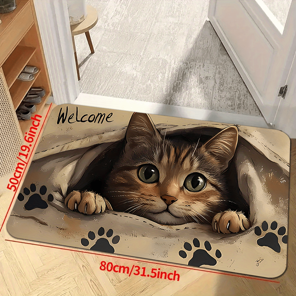 TEMU 1pc Cute Cat Print Door Mat - 1.2cm Thick Sponge, Flannel, Non-slip, Machine Washable Rectangular Mat For Bedroom, Bathroom, Kitchen, Office -