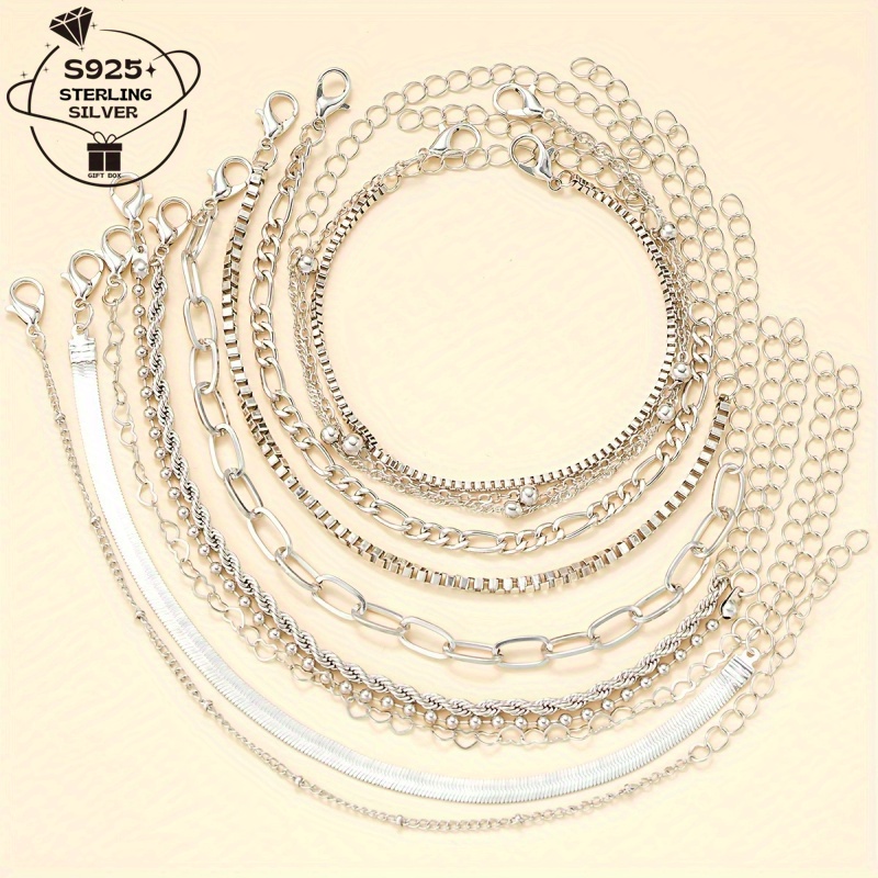 TEMU 925 Sterling Silvery Bracelet Set Of 11 Simple Twisted Snake Bone Chains For Women, Date Gift And Casual Attire