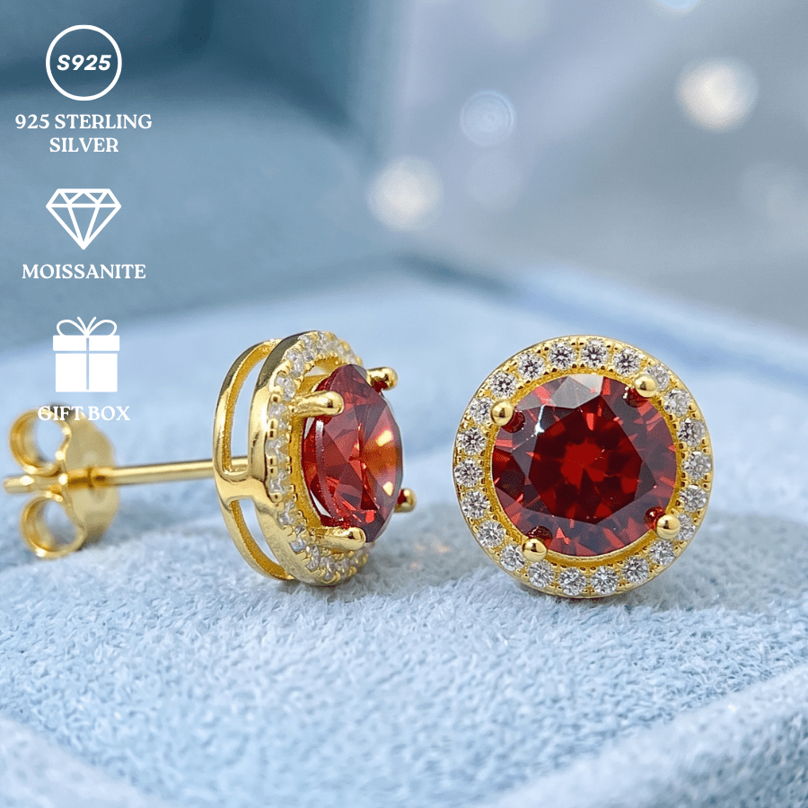 Elegant 925 Silver Round-shaped Golden Studs Earrings with Red Zirconia